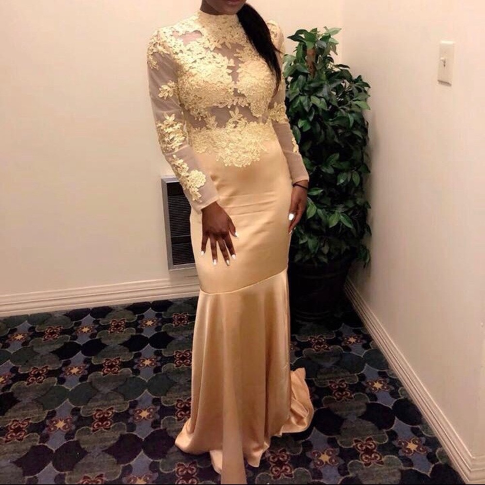 Gold custom made trumpet/mermaid lace satin dress